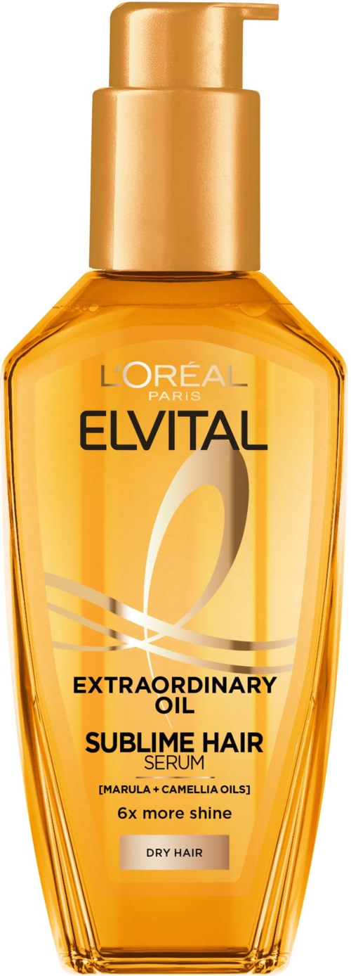 A gold-orange bottle of Loreal Elvital hair serum for dry hair, labeled as extraordinary oil for shine.