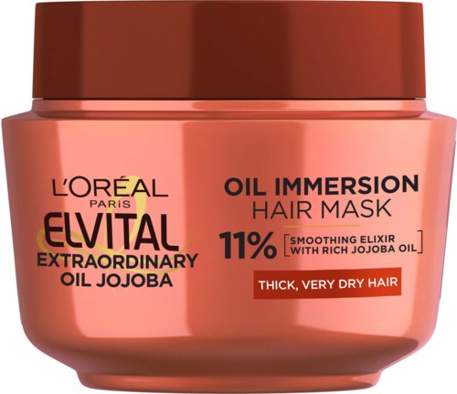 L'Oréal Paris Elvital öljyhiusnaamio paksu, erittäin kuiva hius, sisältää 11% rikas jojobaöljy, silottaa ja ravitsee.