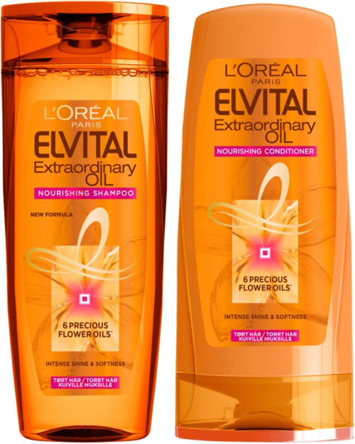 Kaksi oranssia pulloa L'Oréal Elvital Extraordinary Oil shampoota ja hoitoainetta, pinkki etiketti ja kukkaöljyt