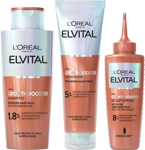 L'Oréal Elvital haarverzorgingsproducten: shampoo, conditioner en serum voor haaruitval en breuk.
