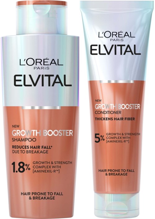 Twee haarverzorgingsproducten, shampoo en conditioner, van L'Oréal Elvital, voor haargroei en kracht, vermindert haaruitval.