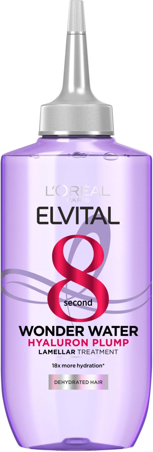 En lilla flaske med sølvmunnstykke, merket Elvital 8 Wonder Water Hyaluron Plump for tørt hår.