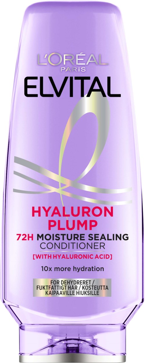 En lavendelfarget flaske av L'Oréal Elvital Hyaluron Plump balsam med rosa og gulltekst og lilla lokk.