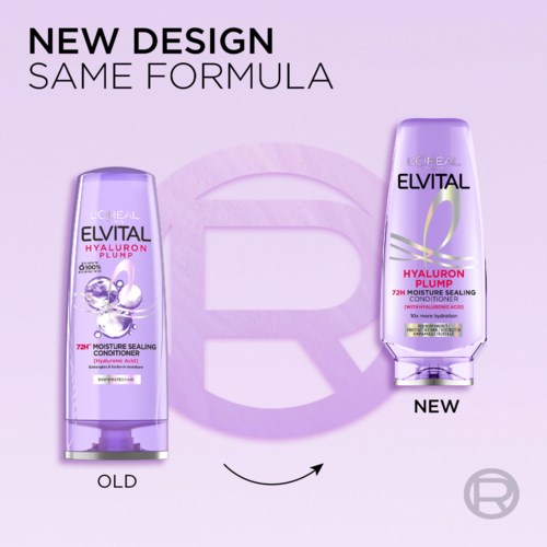 Sammenligning av gamle og nye L'Oreal Elvital Hyaluron Plump flasker for fuktighetsbeskyttelse, med ny design og samme formel.