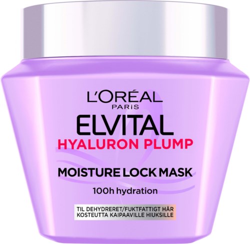 En lila burk med L'Oreal Elvital Hyaluron Plump fuktgivande mask för hydrering.