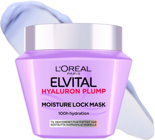 Pink burk av L'Oréal Elvital Hyaluron Plump med lila och vita krämer bredvid.