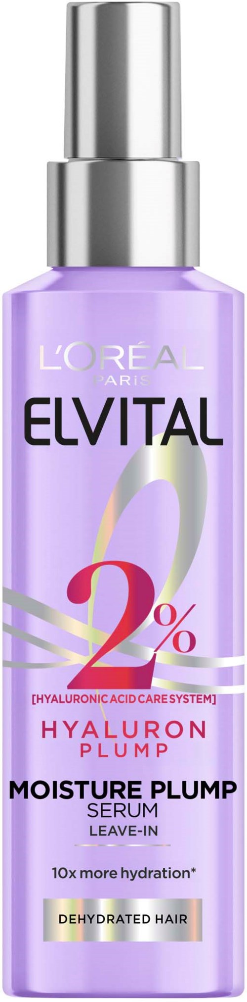 Lilla flaske med sølvpumpe som viser et hårserum for tørt, dehydreret hår med hyaluronsyre og 2% hyaluronfyller.