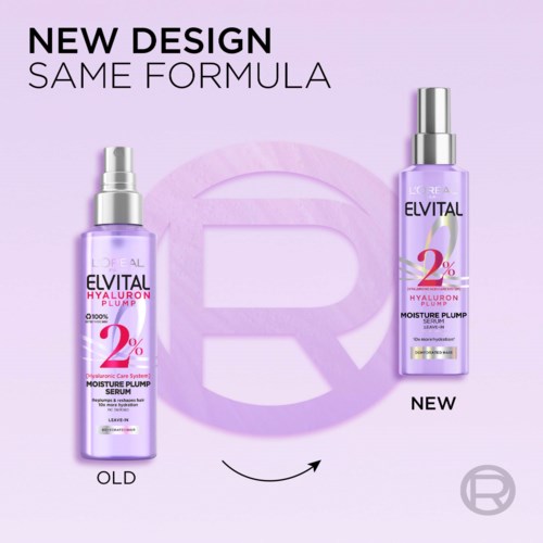 Sammenligning av gamle og nye Elvital Hyaluron Plump serumflasker, med vekt på ny design og samme formel.