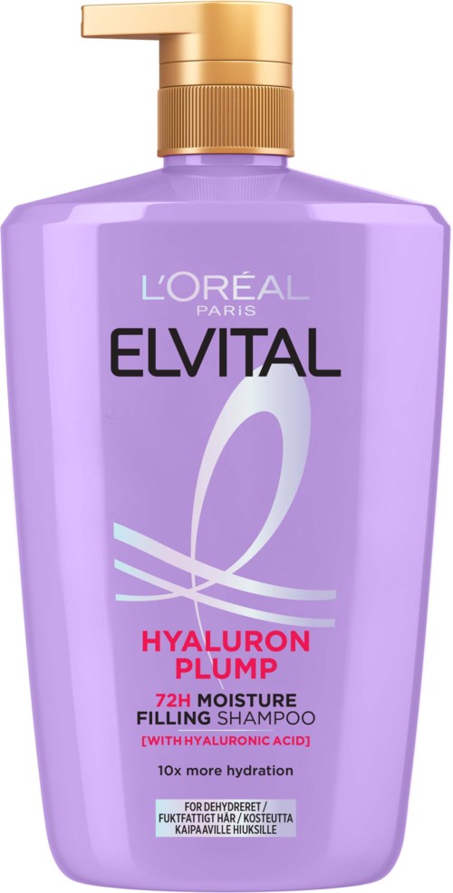 Fioletowa butelka szamponu z złotym zakrętką, oznaczona 'L'Oréal Paris Elvital Hyaluron Plump'.