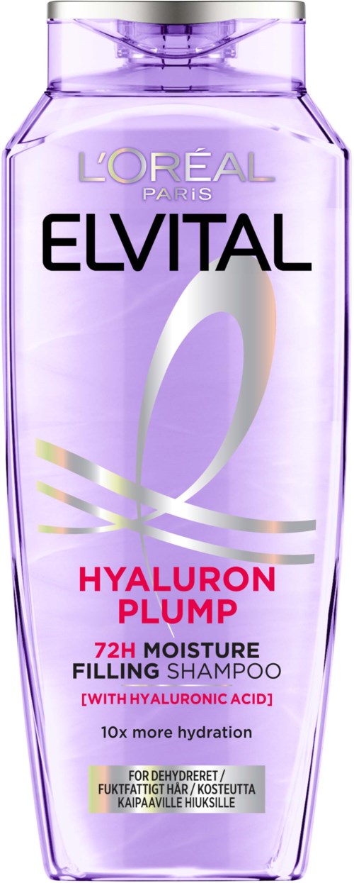 En lang, gjennomsiktig lilla sjampo-flaske med sølvkork, merket Elvital Hyaluron Plump, for hydrering.