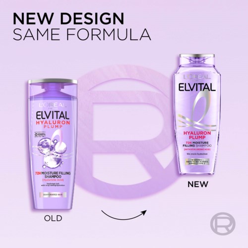 Illustrasjon som sammenligner nye og gamle shampoo-flasker av L'Oréal Elvital Hyaluron Plump med lilla bakgrunn.