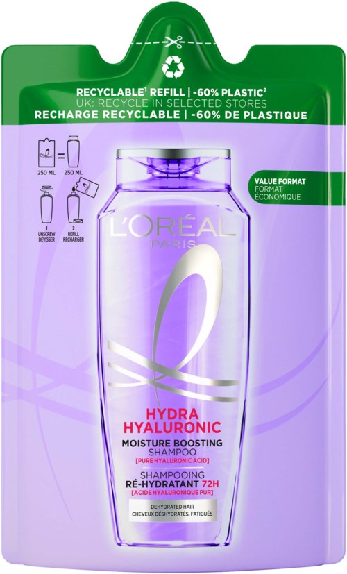 A shampoo bottle with a purple and green recycling-friendly refill pouch, promoting hydration and long-lasting moisture boost.