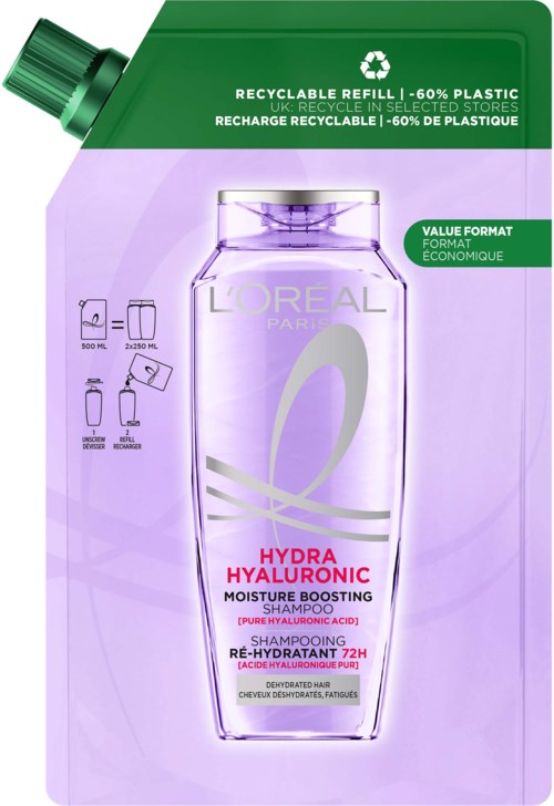 Recyclingfähiges Shampoo-Nachfüllpack mit lila und grünen Farben, zeigt Flasche und Anweisungen.