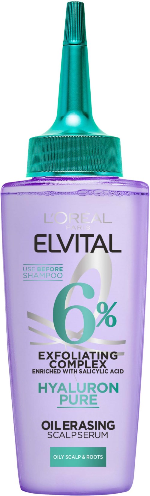 Violetti hiustenhoitopullo, jossa on sininen suutin ja korkki, merkattu kuorivaksi, kosteuttavaksi ja öljynpoistavaksi.