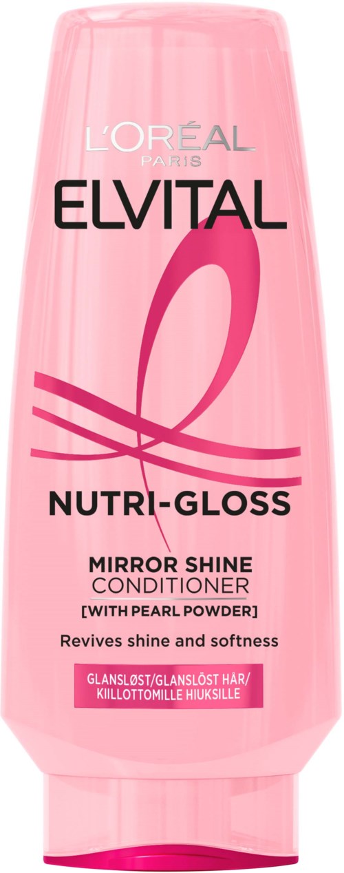En rosa flaske fra Loreal Elvital Nutri-Gloss Mirror Shine Balsam med perlepulver.