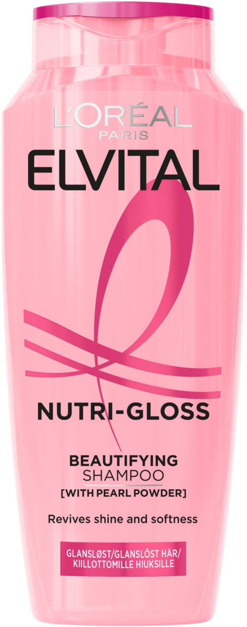 Rosa flaske av Loreal Elvital Nutri-Gloss sjampo med lokk, etiketten nevner glans, mykhet og perlepulver.