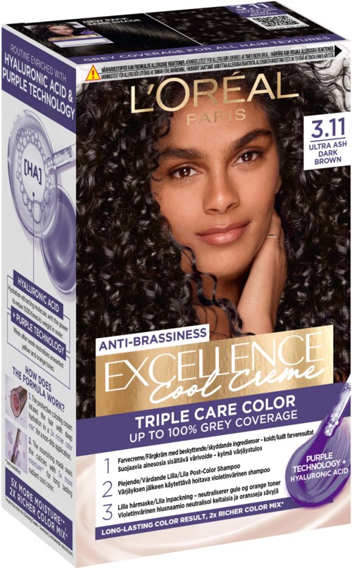 Hair dye box features a woman with curly hair, dark brown color, and details about hair color technology and care.