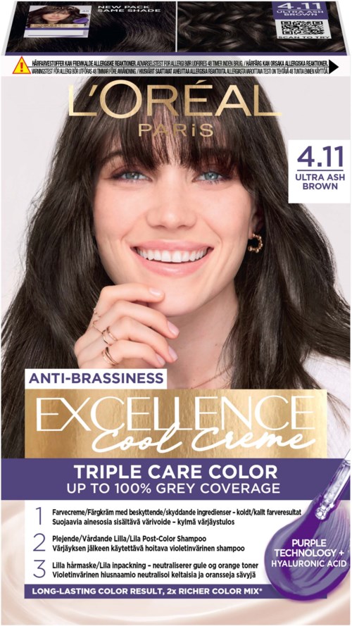Haarkleuren doos van L'Oreal, tint 4.11 ultra ash brown, bevordert lange kleur en dekkendheid van grijs.