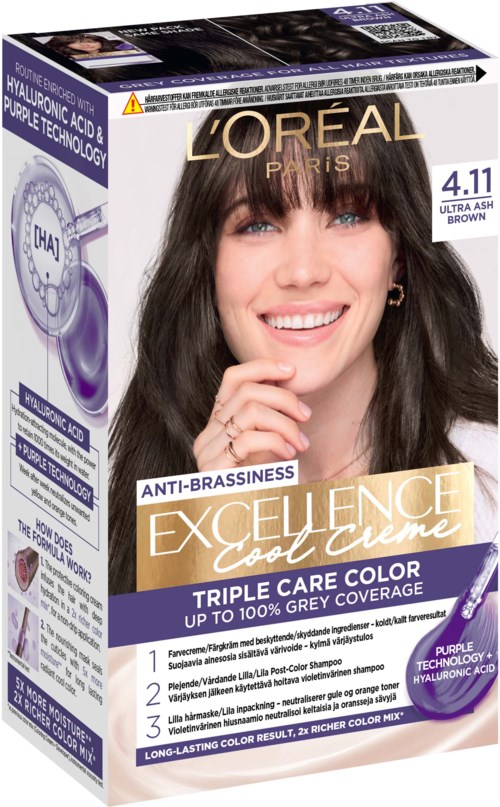 Verpakking van L'Oréal haarverf met een lachende vrouw met donker haar, benadrukt de kleur en voordelen.