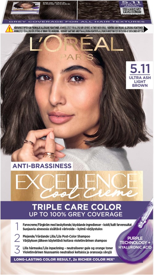 Hair dye box with a woman's face, product details, and color information. Describes a hair color and benefits.