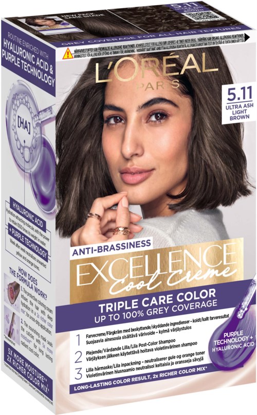 Door, hair dye box featuring a woman with brown hair and product details like shade 5.11 and purple technology.