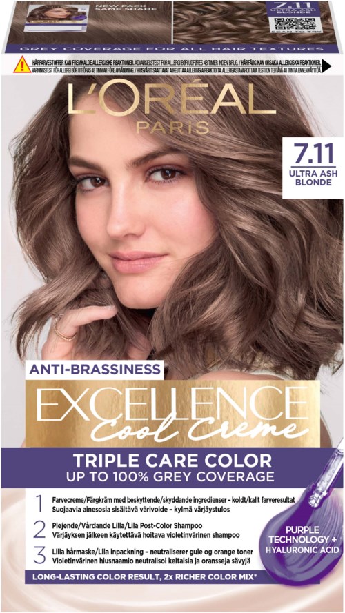 L'Oréal Paris Excellence hair dye, blonde shade 7.11, anti-brassiness, with a woman showing shiny, wavy hair.