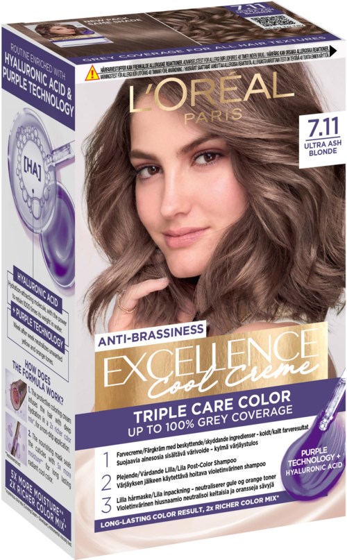 Box of L'Oreal Excellence Cool Creme hair dye with a woman showing shiny brown hair.