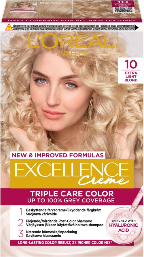 Eine blonde Frau mit lockigem Haar auf einer Haarfärbekarton, bewirbt L'Oreal Excellence Creme Haarfarbe. Es erwähnt Triple Care Color, volle Abdeckung und Hyaluronsäure.