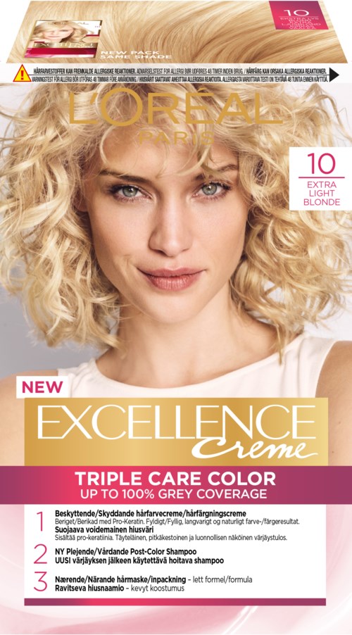 En kvinna med blont lockigt hår, ler, på en hårfärgningsförpackning märkt L'Oréal Excellence Creme, med produktdetaljer på engelska.