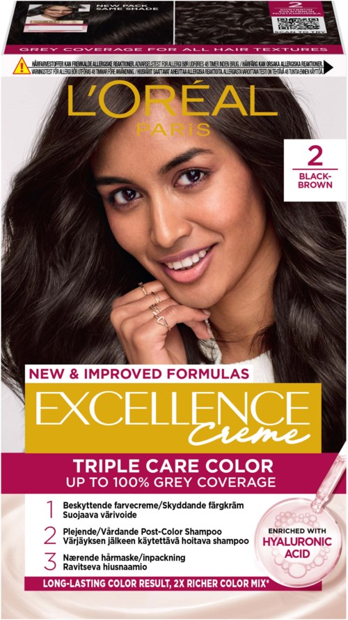 L'Oréal Excellence hårfärgningslåda med en leende kvinna som visar mörkbrunt hår.