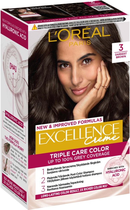 L'Oréal Excellence Creme Haafärbebox mit einer Frau, die braune Haare zeigt, und Produktdetails.