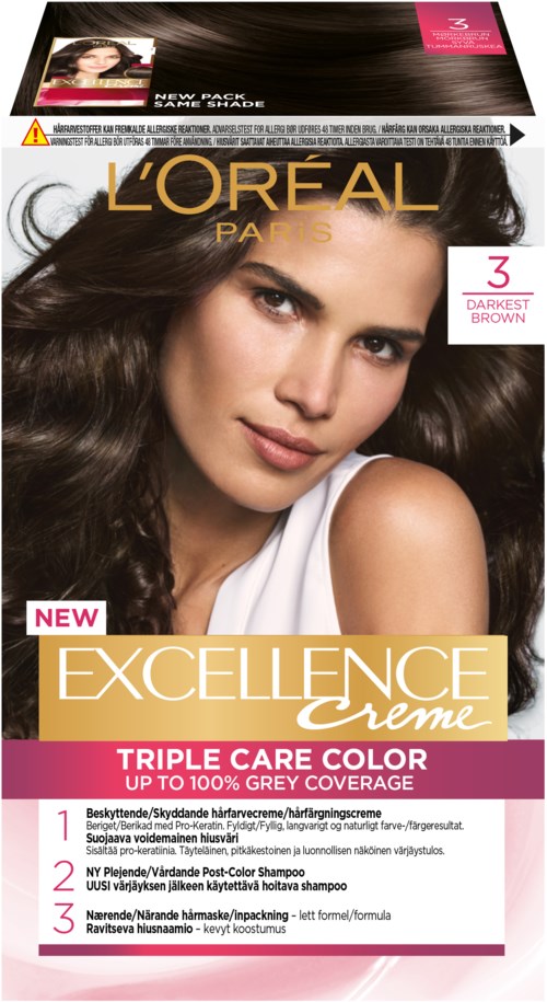 L'Oréal Excellence hårfärgningsbox med en kvinna som har långt, mörkt, vågigt hår och produktdetaljer i text.