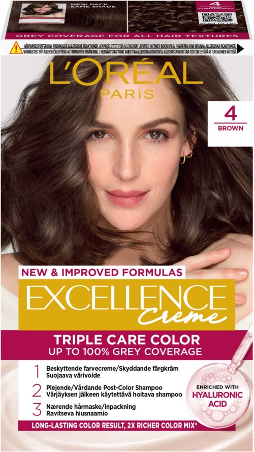 Eine Frau mit glänzendem, lockigem braunem Haar, leicht lächelnd, auf einer Haarfärbeverpackung mit der Marke L'Oréal Excellence Creme in Shade 4 Braun.