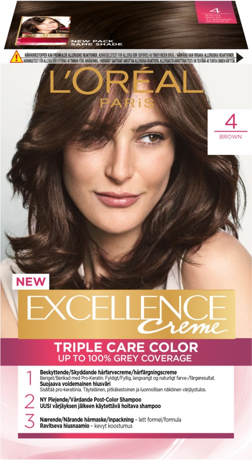 L'Oreal hårfärgningslåda med en leende kvinna med brunt, vågigt hår. Den säger Excellence Creme, Triple Care Color och upp till 100% grå täckning.