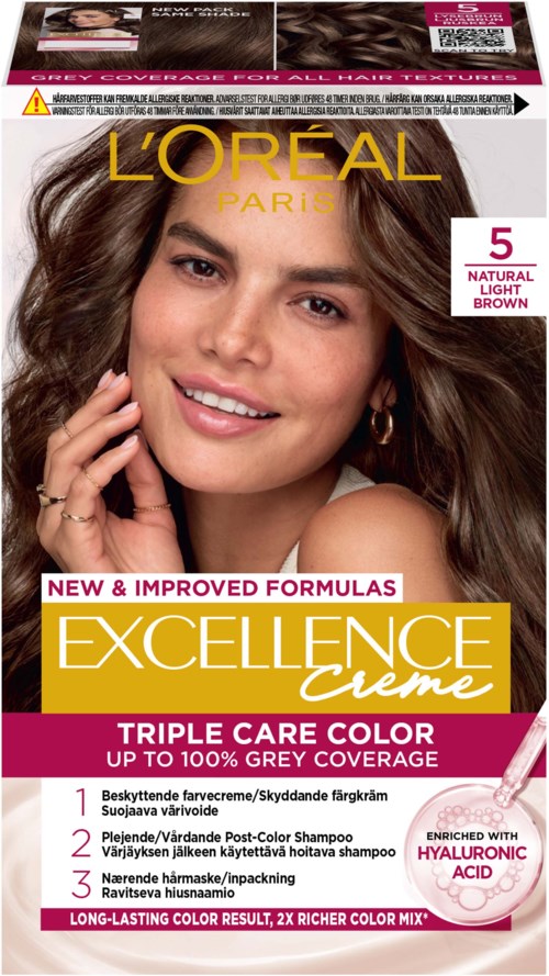 Haarfärbebox mit einem lächelnden Mann mit braunen Haaren, L'Oréal-Logo und Produktdetails inklusive Farbe und Eigenschaften.