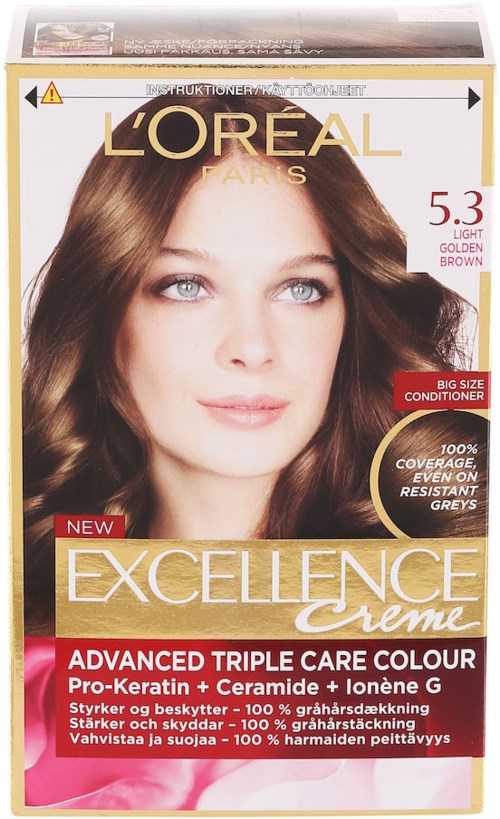 L'Oreal Excellence Creme hårfärg, ljus gyllenbrun, visar tjej med glänsande brunt hår, nämner triple care color, keratin, ceramide, Ionene G.