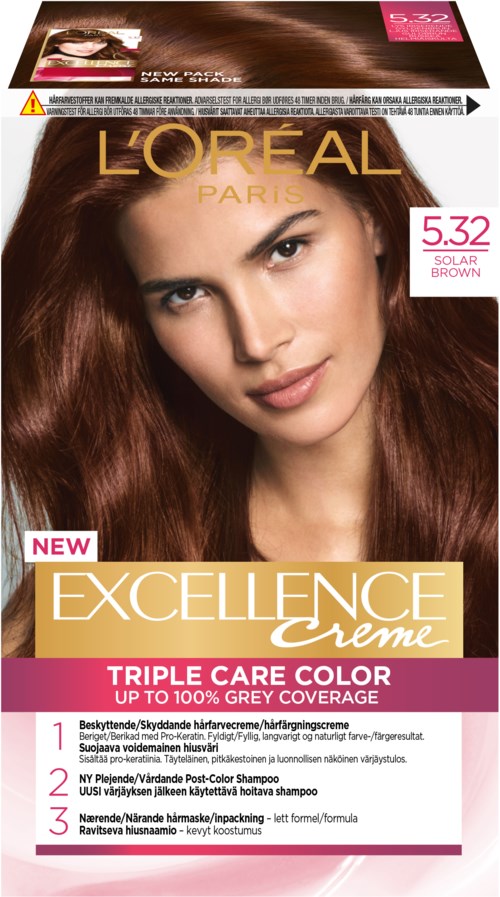 L'Oréal Excellence Creme hårfärgningslåda visar en kvinna med långt, brunt hår. Den lyfter fram trippelvårdsfärg, upp till 100% gråningsskydd.