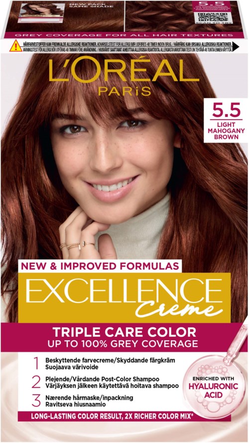 L'Oréal Excellence Créme hårfärgningslåda, med en leende kvinna med långt, brunt hår.