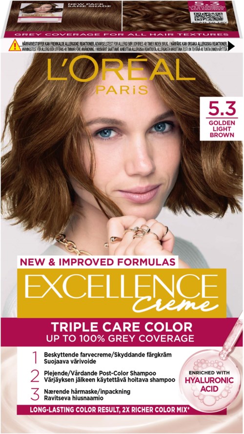 L'Oréal Excellence Creme Haartönungsbox zeigt eine Frau mit braunem, schulterlangem Haar, hebt neue Formel und Triple Care Color hervor.