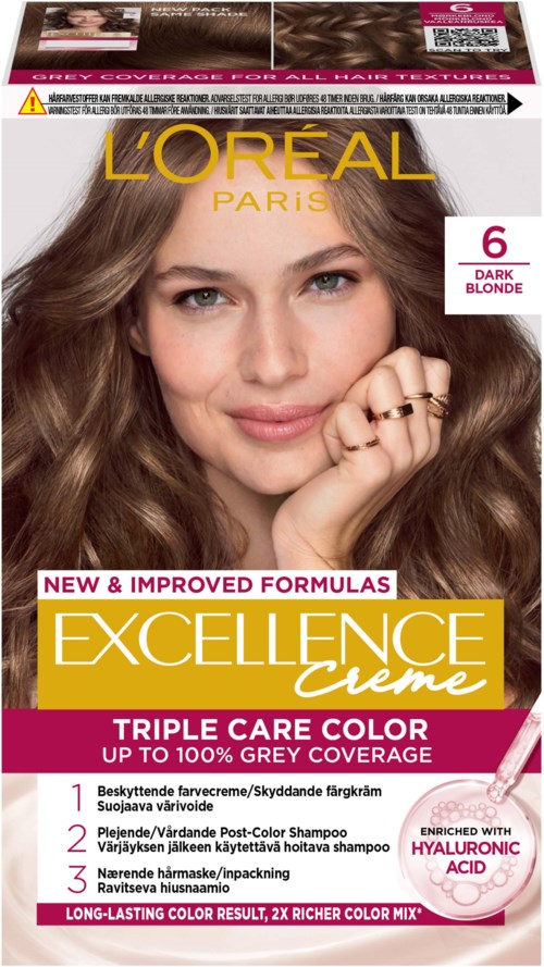 L'Oréal Excellence Crème Haarfärbekarton mit lächelnder Frau, zeigt 6 dunkelblonde Nuance, erwähnt triple care color und hyaluronsäure.