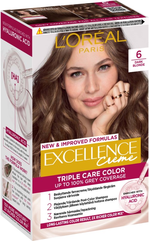 Schachtel L'Oreal Excellence Creme Haarkfärbemittel in Dunkelblond, zeigt eine Frau mit langen, gewellten Haaren. Text hebt Farbe und Eigenschaften hervor.
