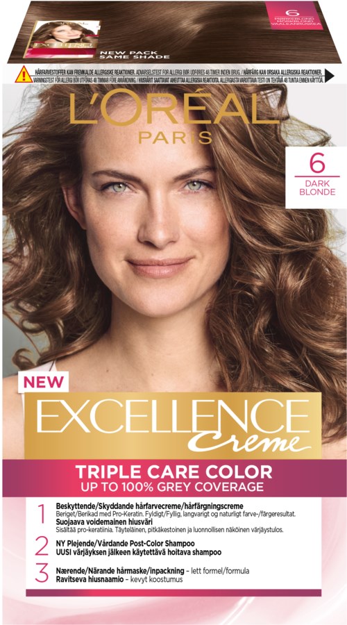 En förpackning med L'Oreal Excellence hårfärg och en kvinna med lockigt brunt hår på framsidan.