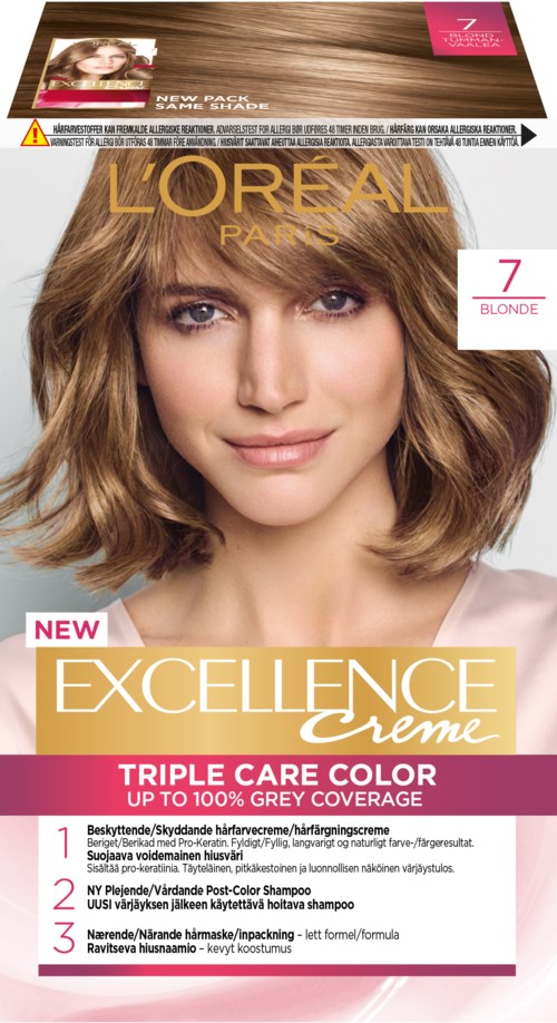 Förpackning för L'Oreal Excellence hårfärg med en kvinna med blont hår, produktdetaljer och täckningsinformation.