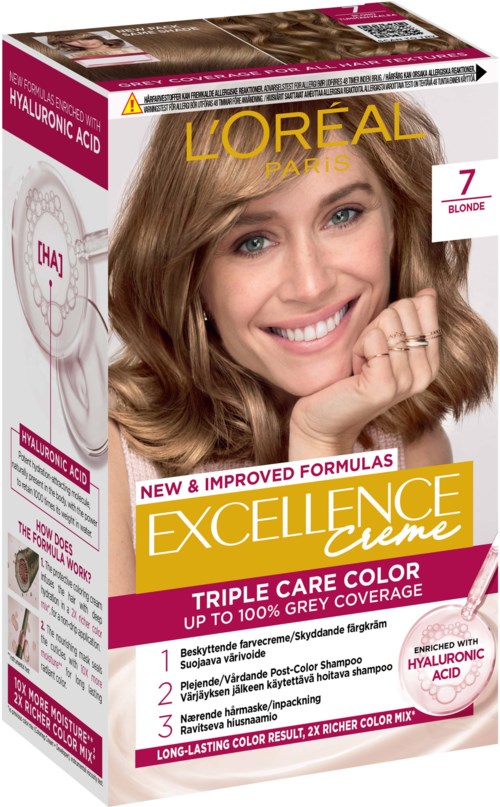 Eine blonde Frau, die lächelt und welliges Haar hat, auf Verpackung für L'Oréal Excellence Creme.