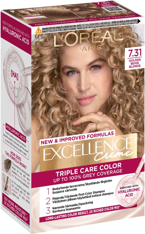 Eine Schachtel L'Oréal Excellence Haartinte mit einer Frau, die lockiges blondes Haar zeigt.