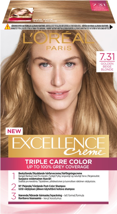L'Oréal Excellence hårfärgningskartong, blond färg, kvinna med långt, vågigt hår, produktnamn och beskrivning på framsidan.