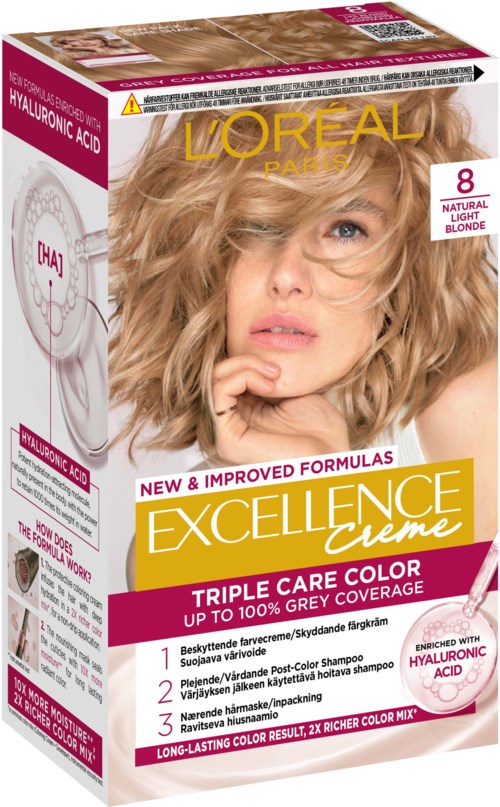 L'Oreal Excellence Creme haarkleurverpakking toont een vrouw met golvend blond haar en benadrukt belangrijke productvoordelen.