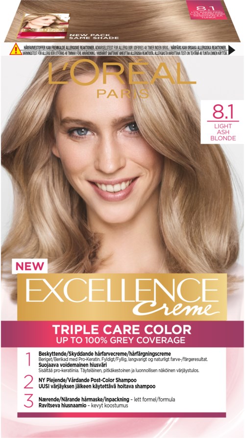 En hårfärgningslåda med en leende kvinna med blont hår. Visar varumärket L'Oréal, nyans 8.1 Light Ash Blonde, och produktnamn Excellence Creme.