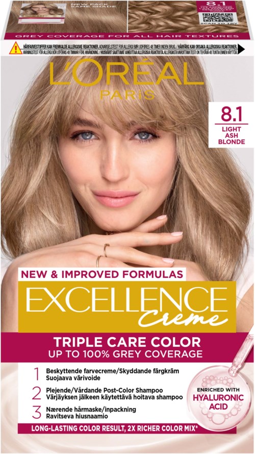 L'Oréal Excellence Creme Haartönung, blond Farbton 8.1, verspricht langanhaltende Farbe mit Triple Care und Hyaluronsäure.