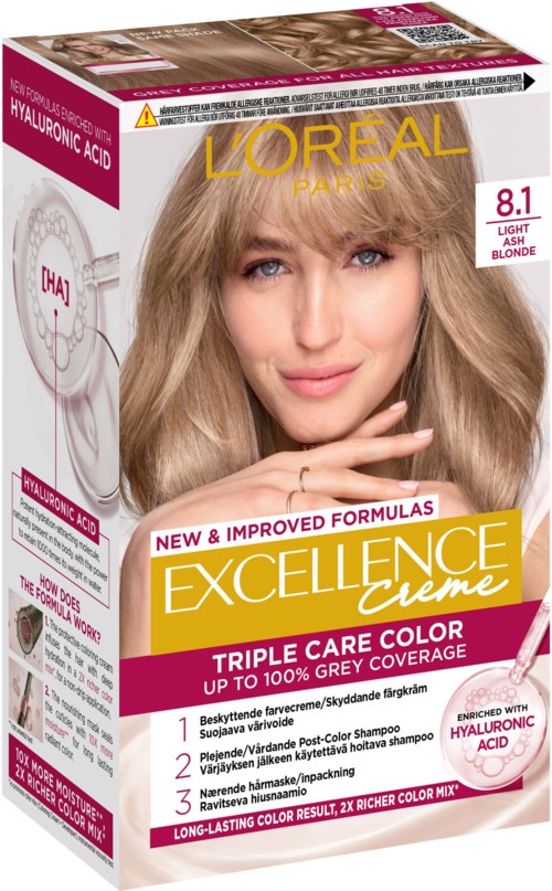 Eine Packung L'Oréal Haarfärbe für Blondinen, mit einer lächelnden Frau mit hellblonden Haaren und Text in Lila, Gelb und Weiß.